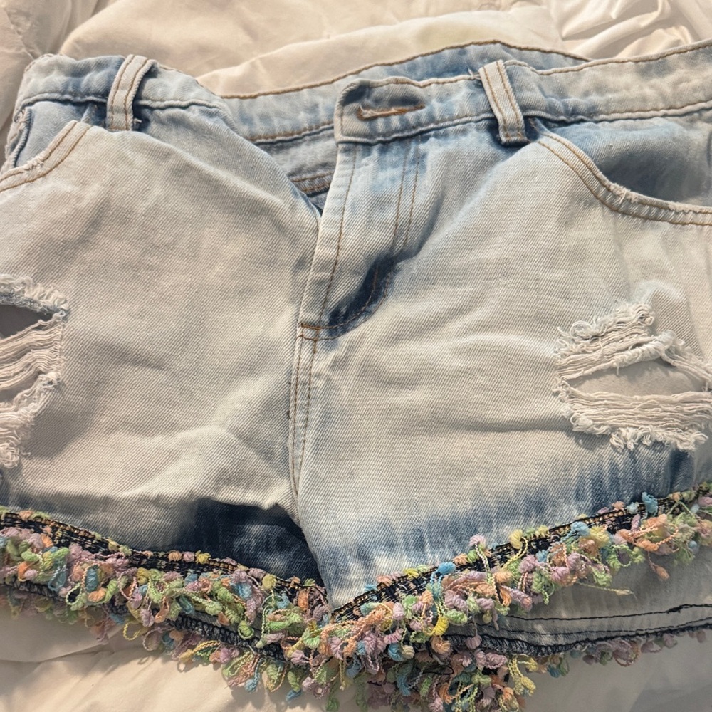 Hayden Light Blue Denim Shorts with Colorful Fringe